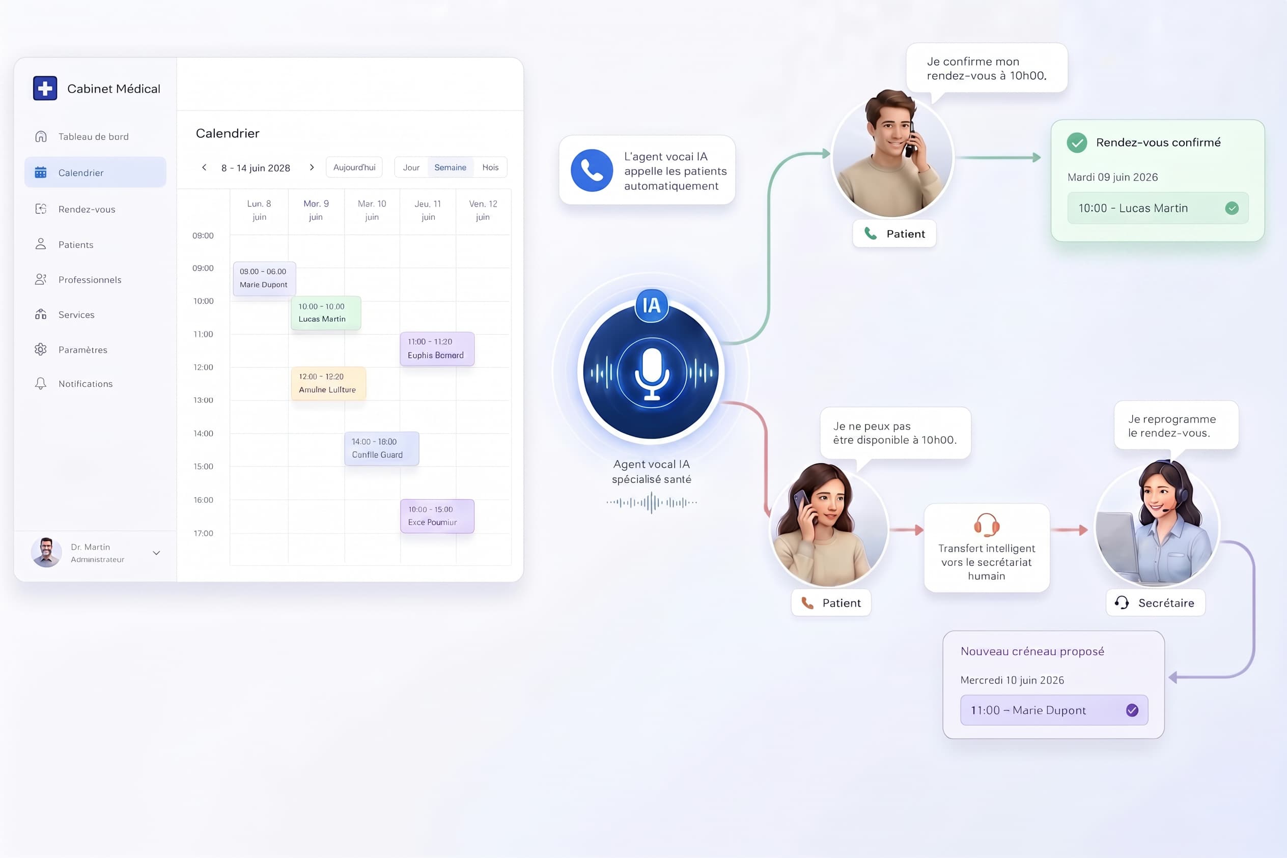 The nextOrigin AI voice agent confirming a patient's appointment and rescheduling another into the clinic calendar
